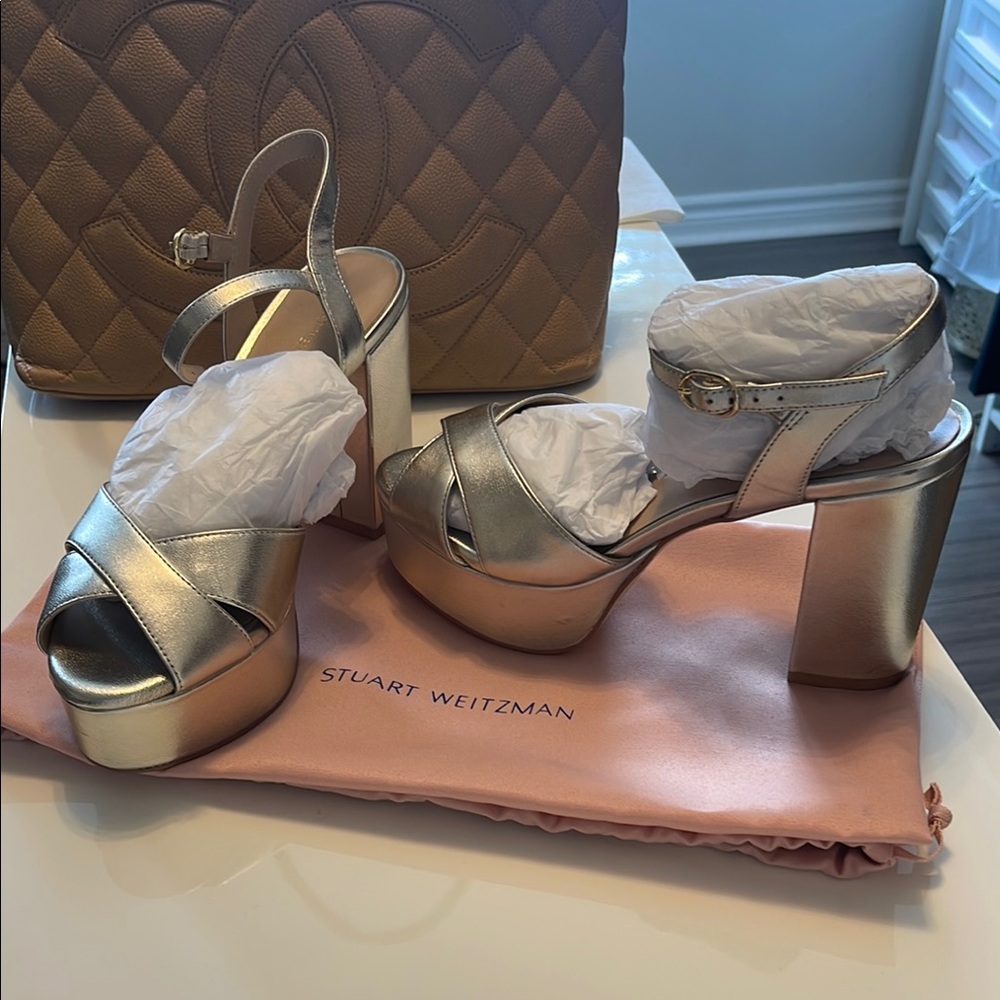 Stuart Weitzman Gold Platform Heels with Crisscross Straps